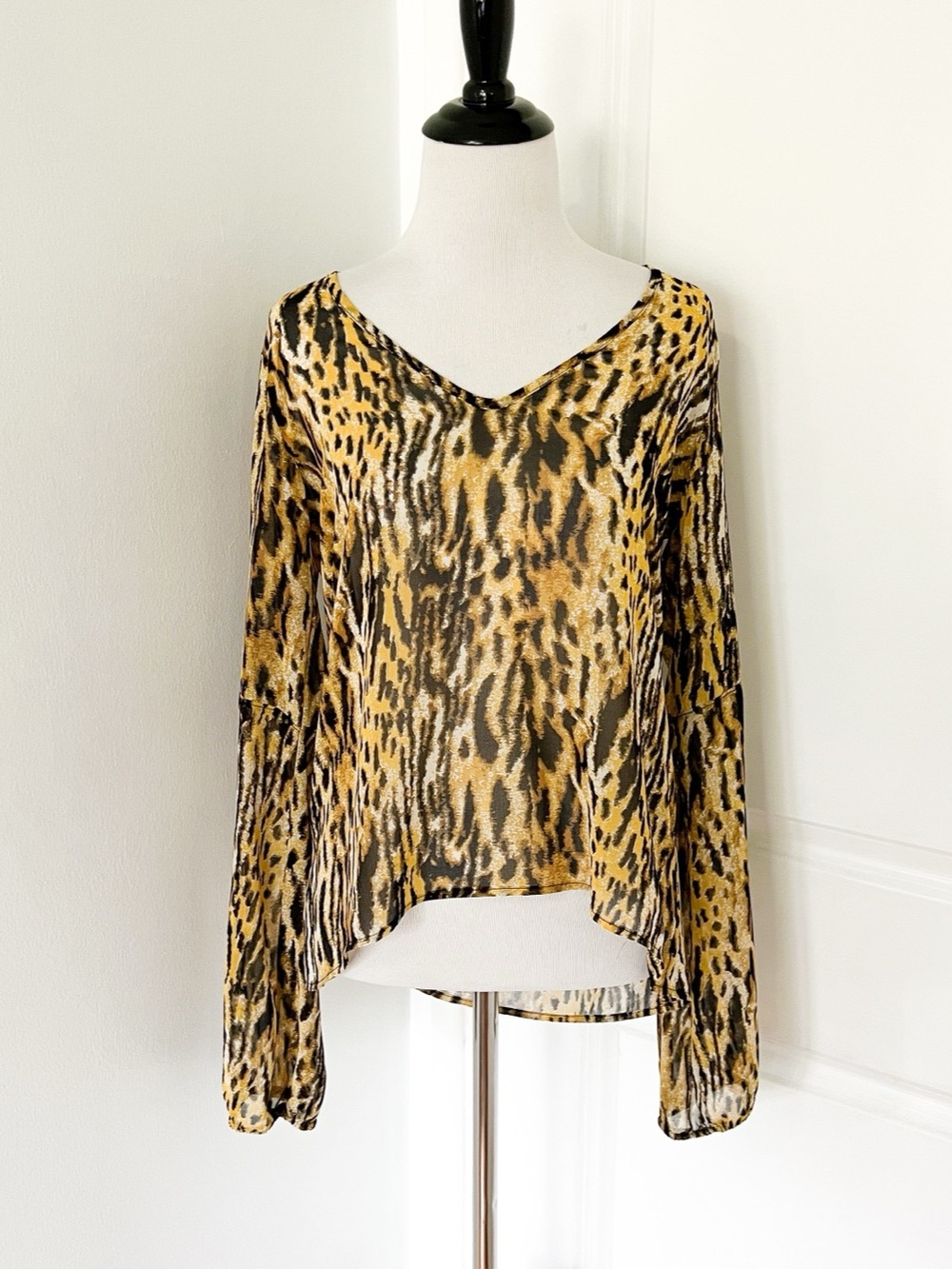 For Love & Lemons Animal Print Long Sleeve Blouse in Brown & Yellow Size XS